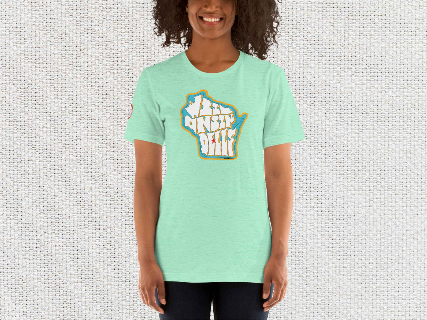 wisconsin dells shirt, female model, front, white textured background