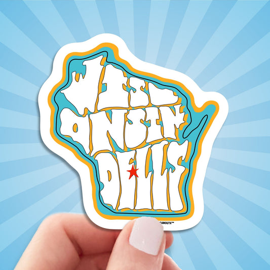 Wisconsin dells travel luggage sticker, hand display, sun rays design background
