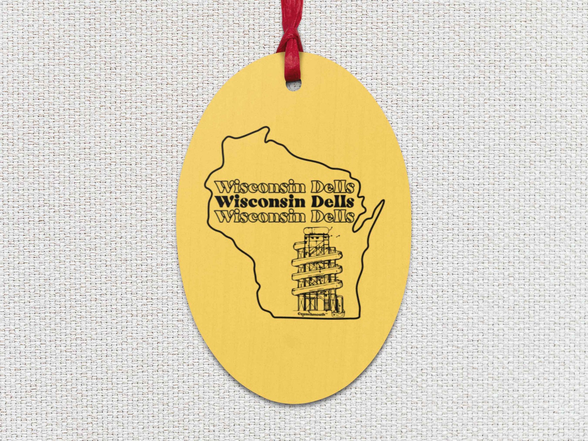 wisconsin dells Christmas ornament, front, white textured background