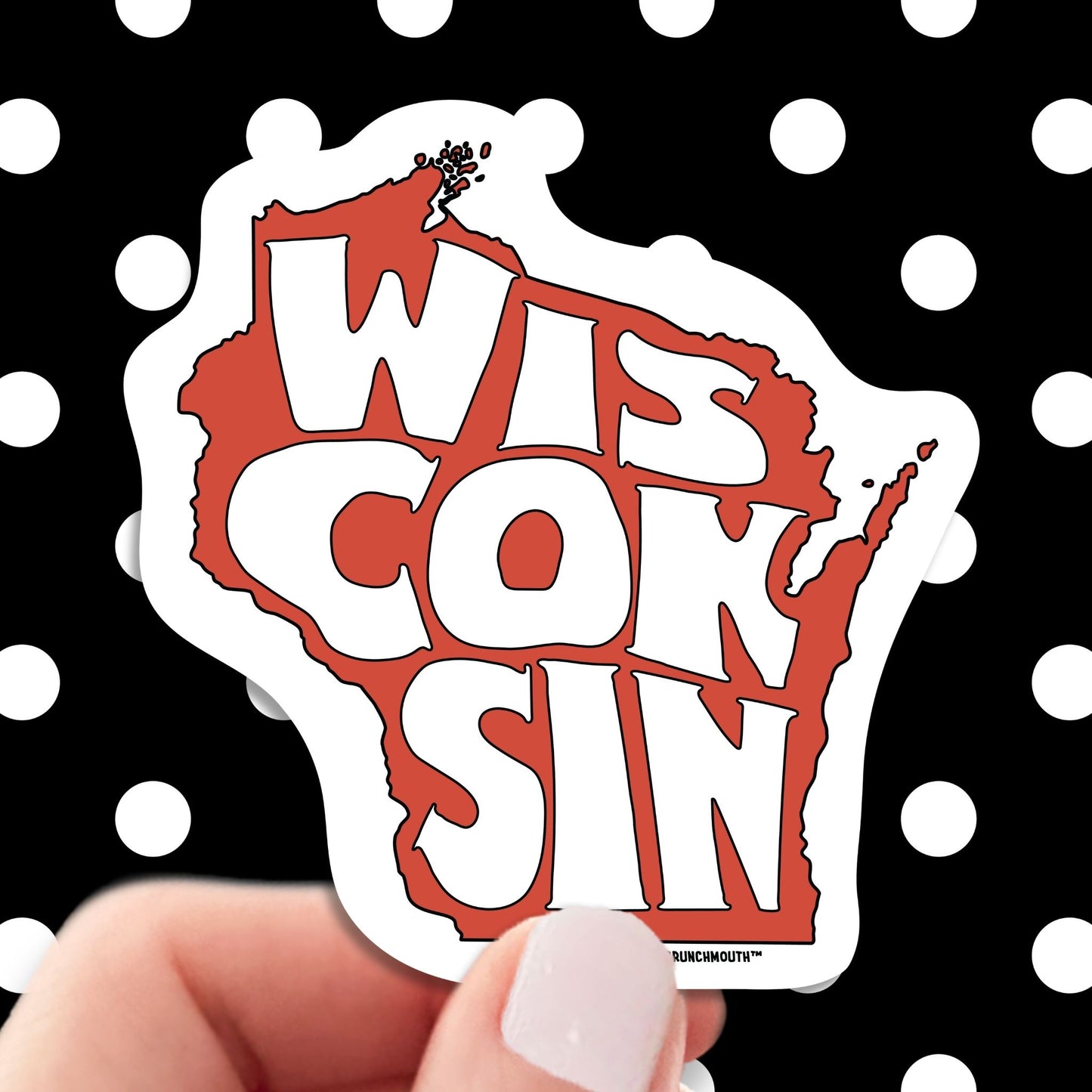 state of wisconsin travel luggage sticker, hand display, polka dots pattern design background