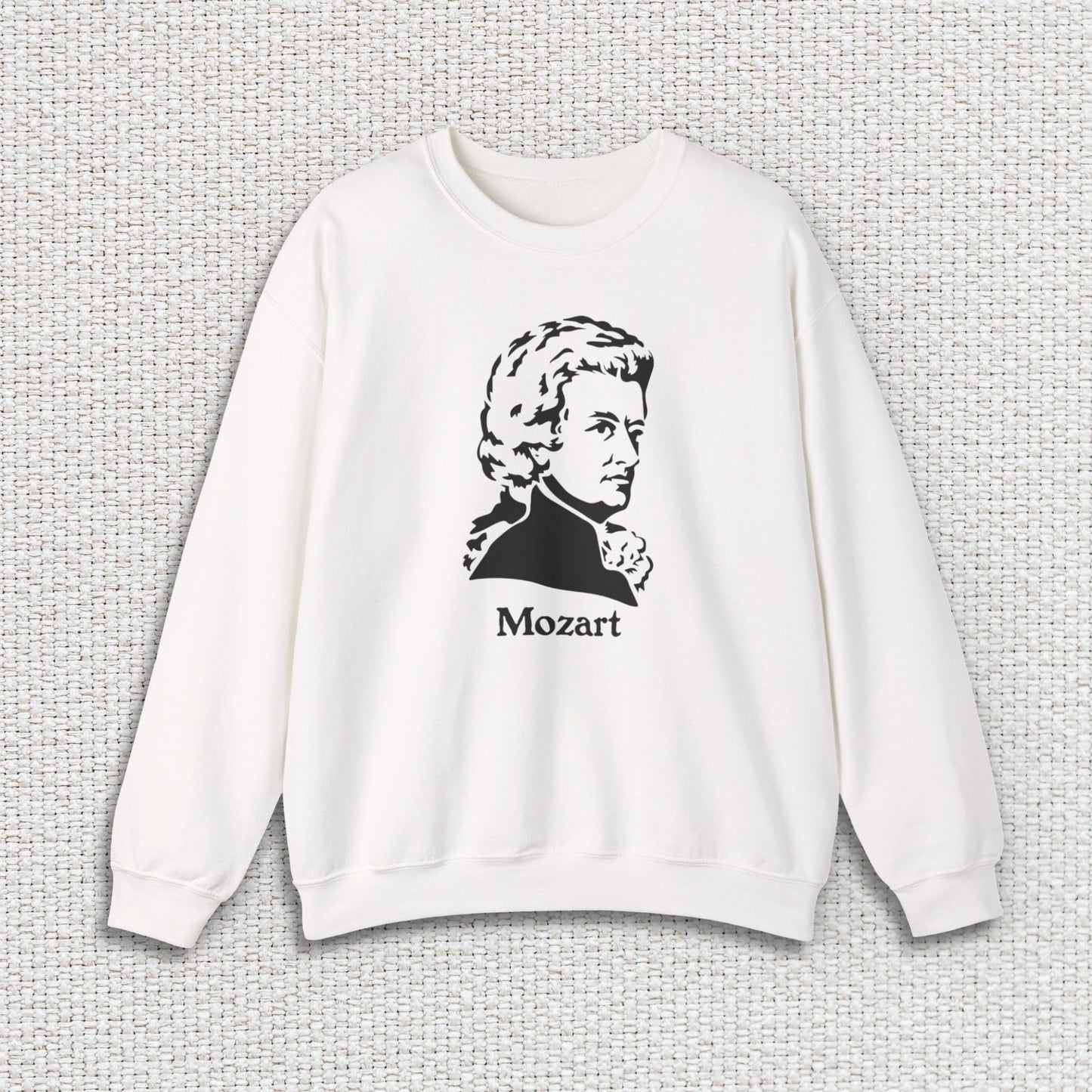mozart crewneck sweatshirt, front, white color, textured fabric background