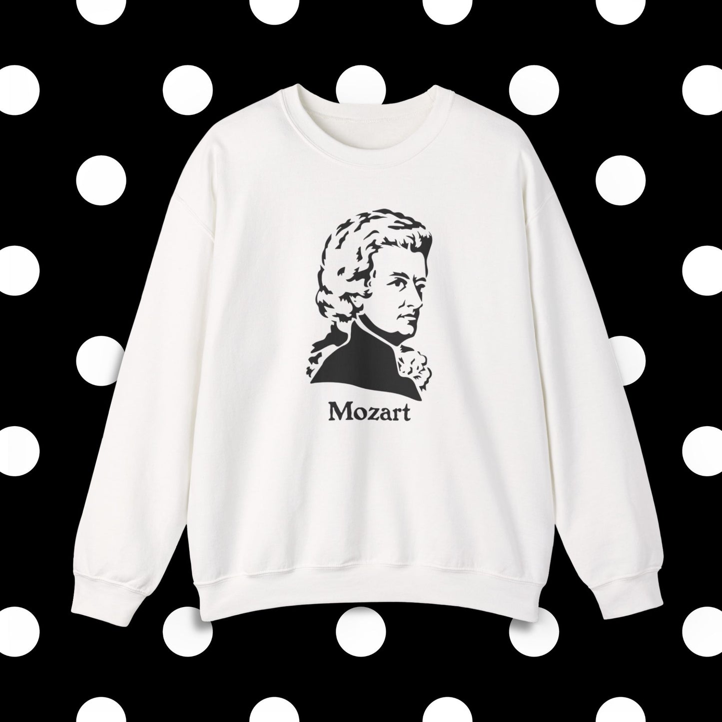 mozart crewneck sweatshirt, front, white color, polka dots pattern design background