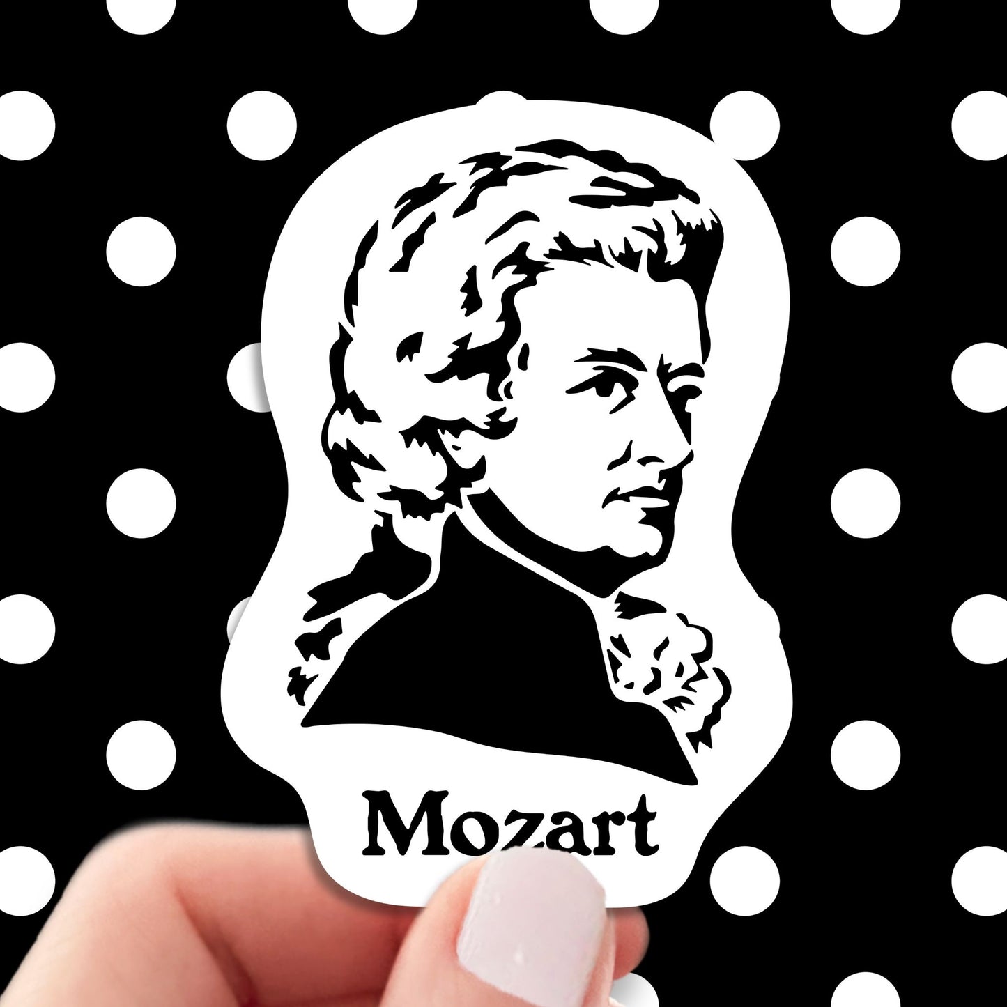 mozart sticker, hand display, polka dots pattern design background