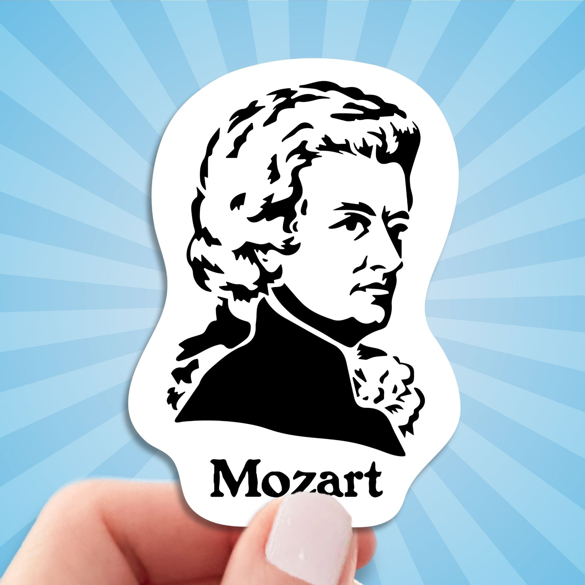 mozart sticker, hand display, sun rays design background