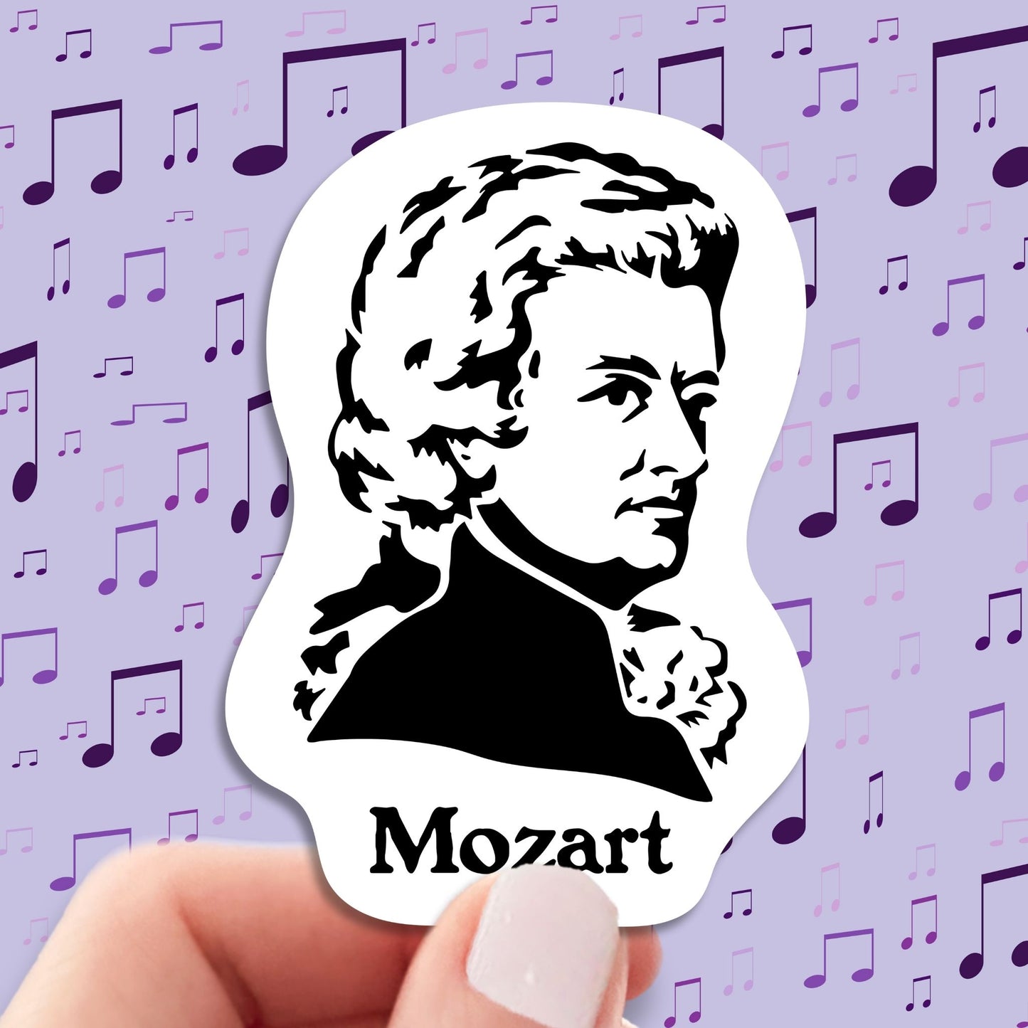 mozart sticker, hand display, music notes background