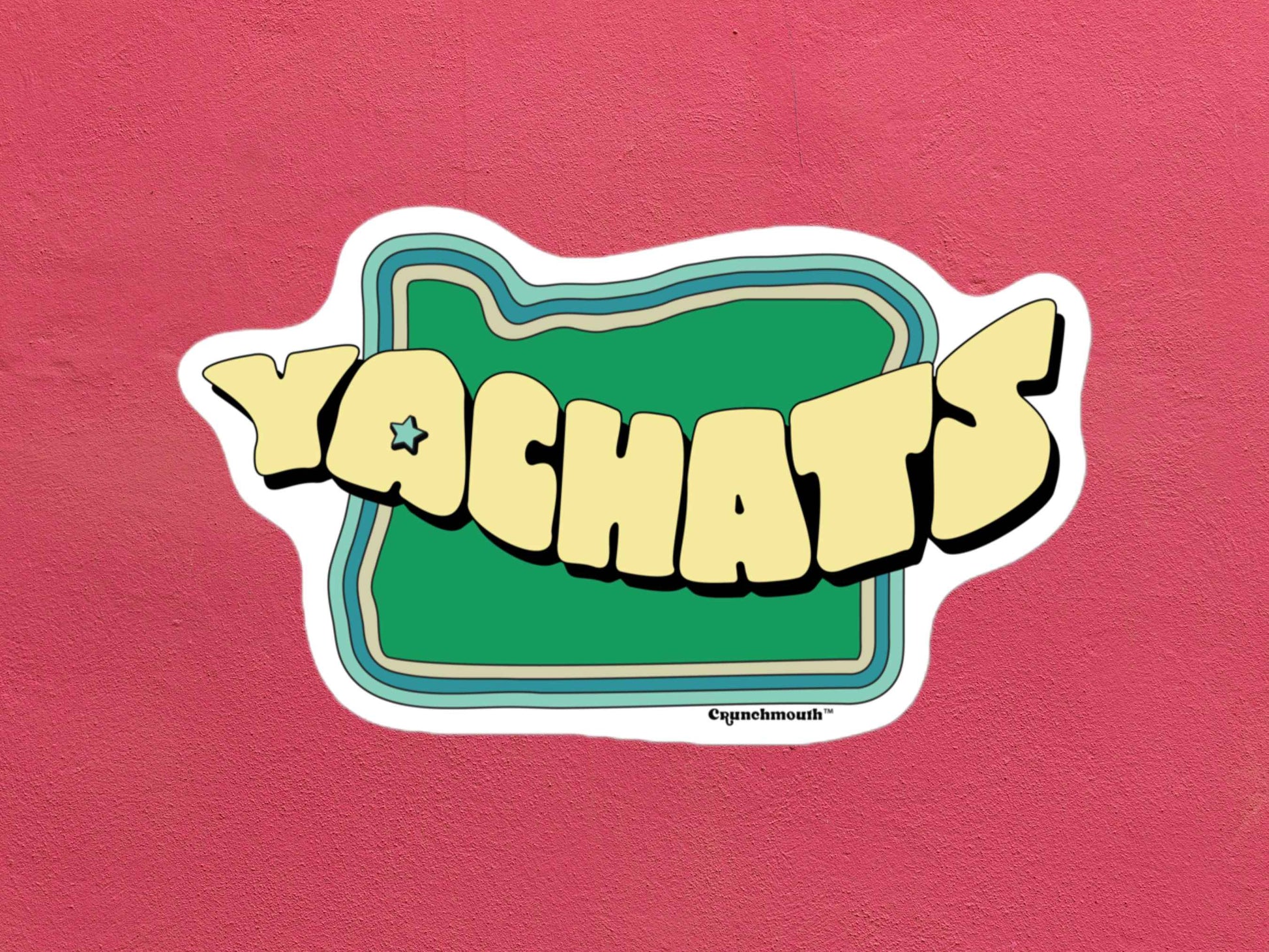 yachats sticker, rose color textured background