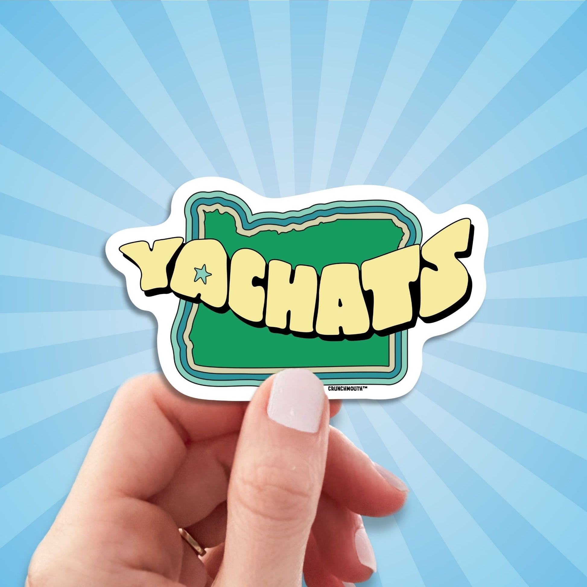 yachats travel luggage sticker, hand display, sun rays design background
