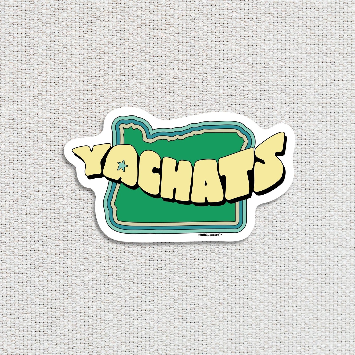 yachats travel luggage sticker, white textured fabric background