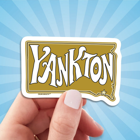 Yankton south dakota travel luggage sticker, hand display, sun rays design background
