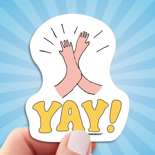 yay! high five sticker, hand display, sun rays design background

