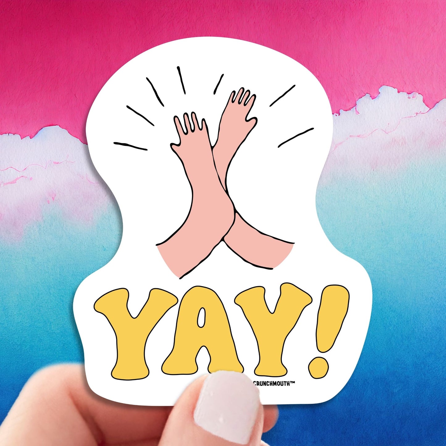 yay! high five sticker, hand display, retro design background
