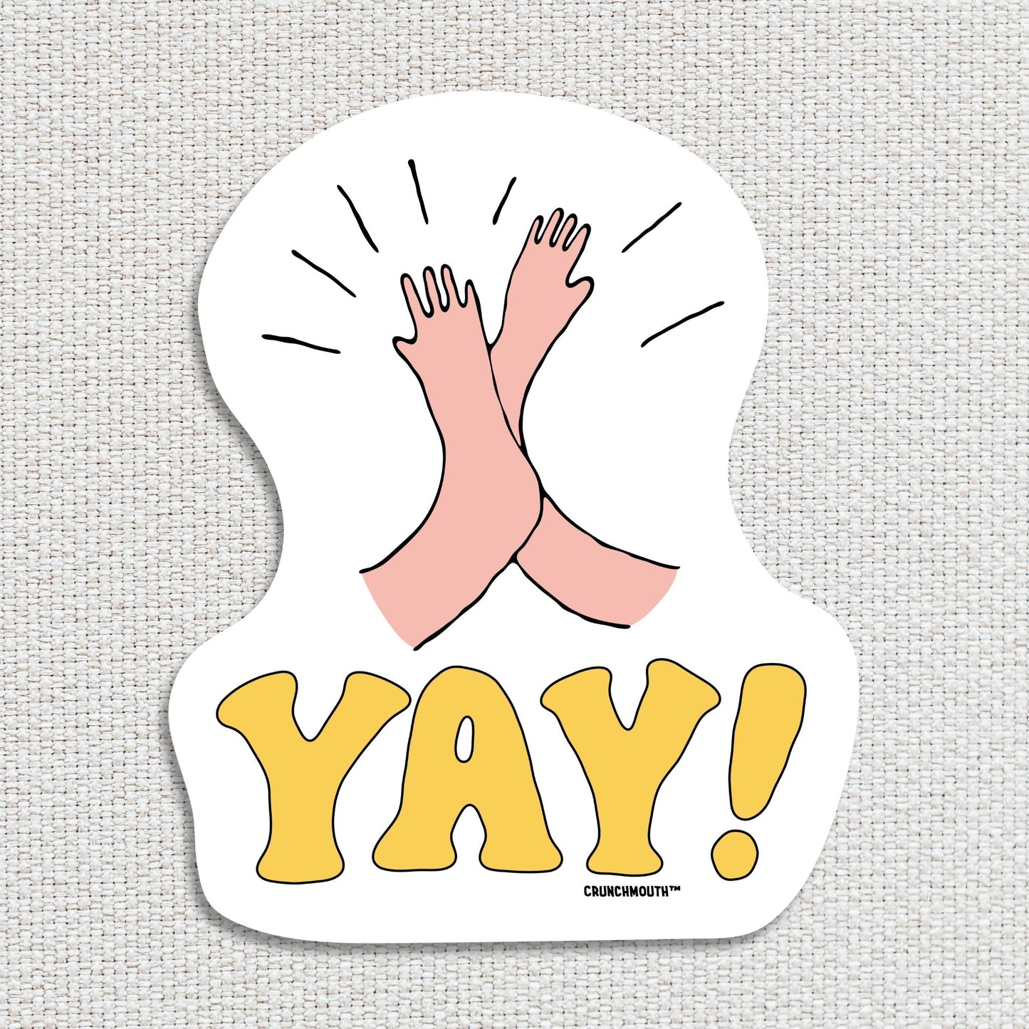 yay! high five sticker, textured fabric background
