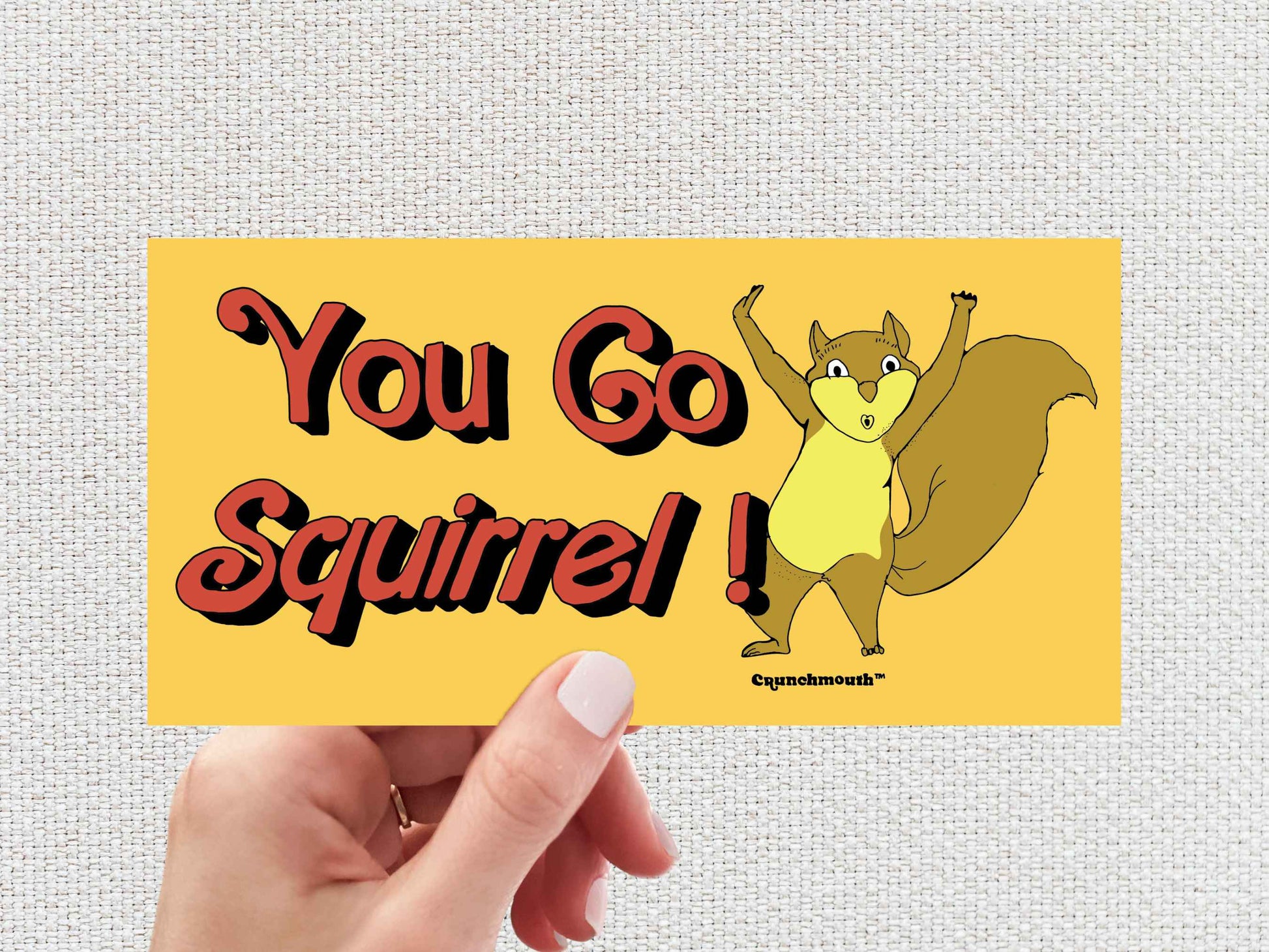 you go squirrel bumper sticker, you go girl, hand display, white textured background