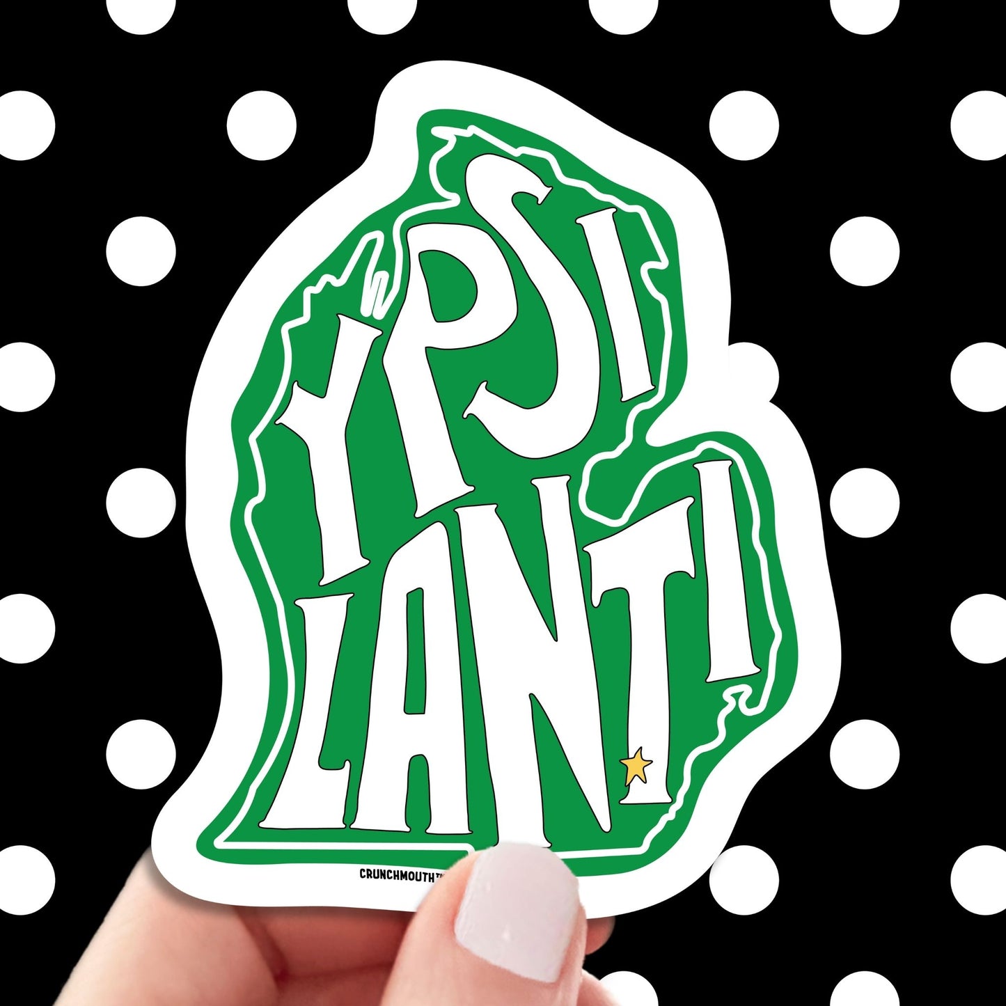 ypsilanti michigan travel luggage sticker, hand display, polka dots pattern design background