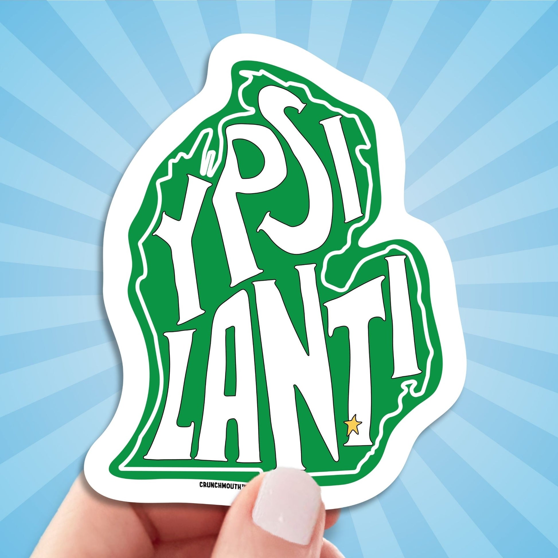 ypsilanti michigan travel luggage sticker, hand display, sun rays design background