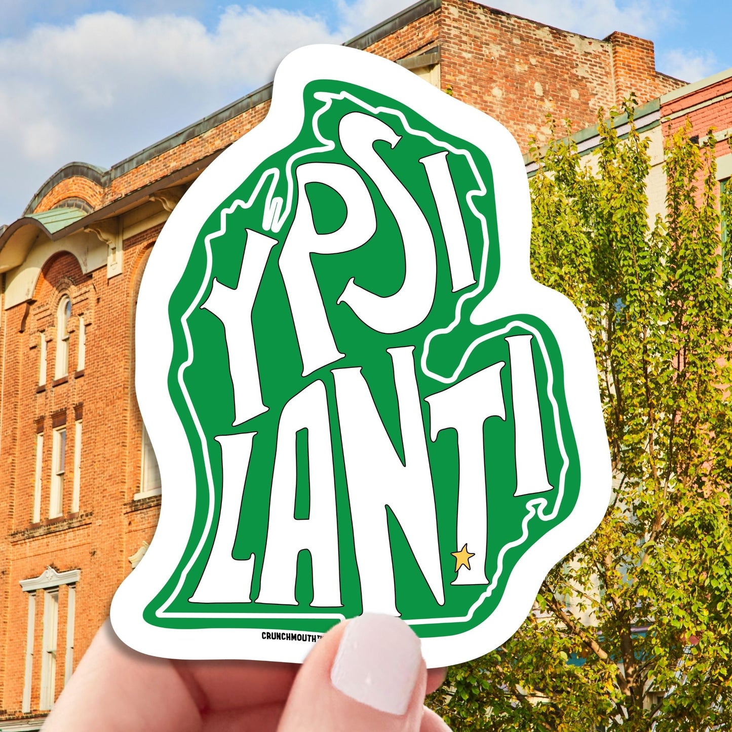 ypsilanti michigan travel luggage sticker, hand display, ypsilanti background