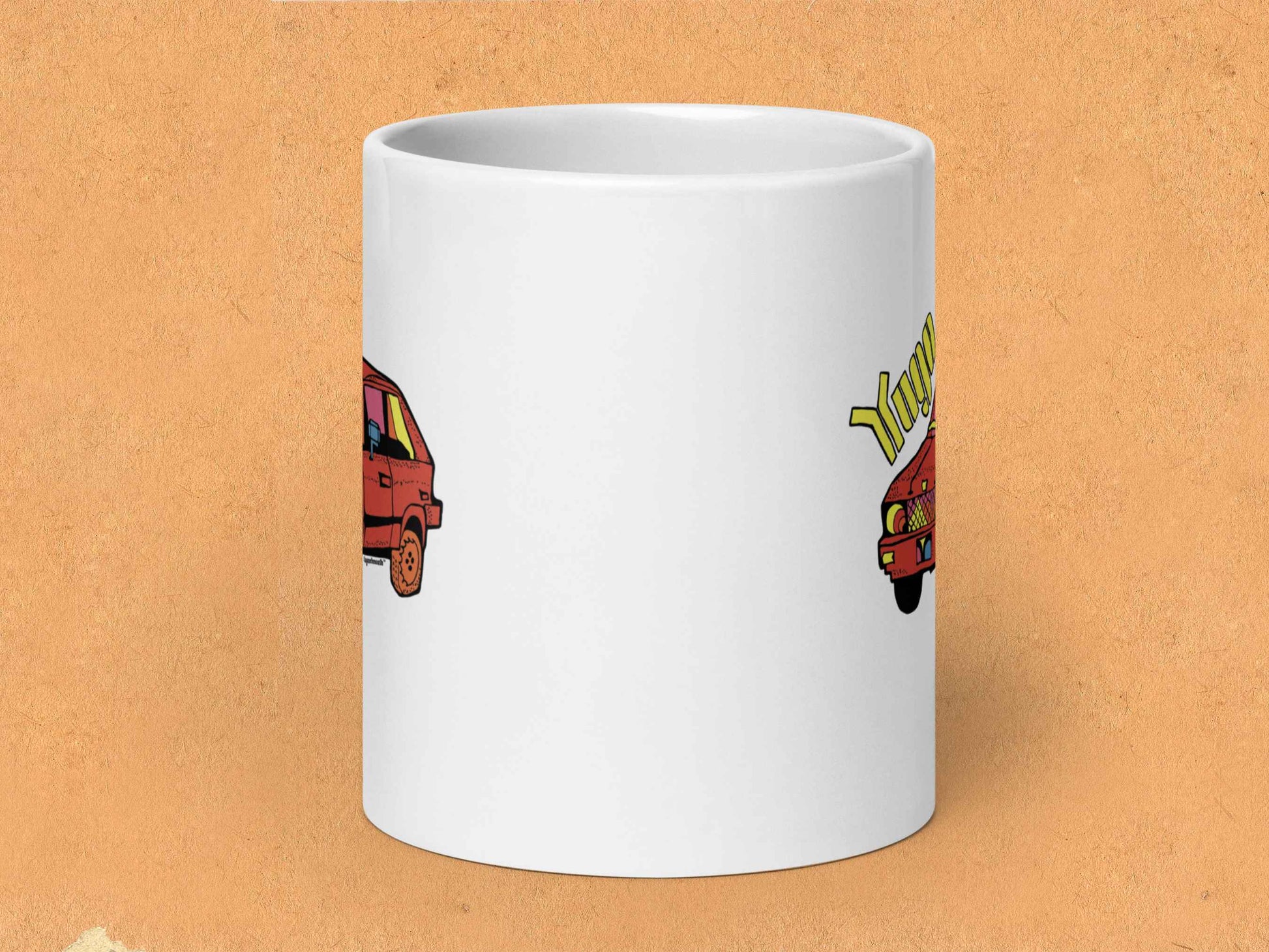 yugo coffee mug, yugo gv, 20 oz, front view orange textured background