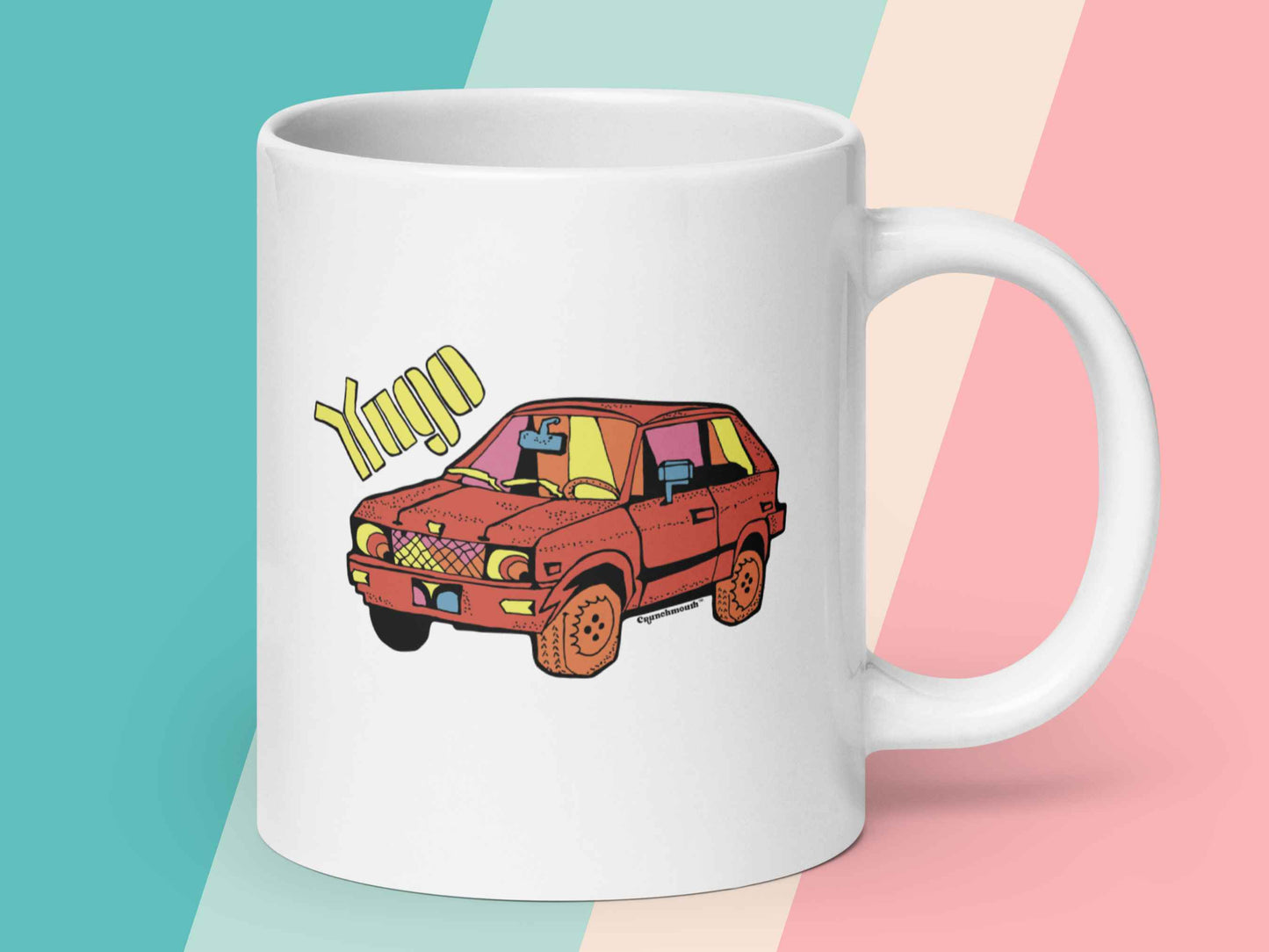 yugo coffee mug, yugo gv, 20 oz, handle on right, pastel stripe background